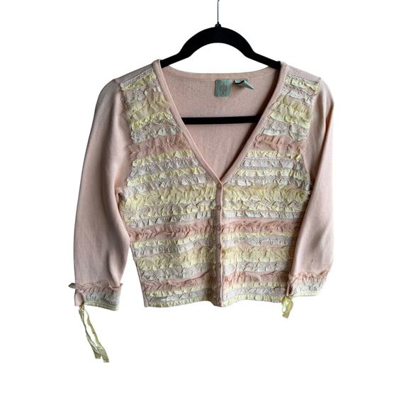 Anthropologie Vintage Boho Ruffle Lace Cardigan Knit Sweater Petite Rare Size M - Picture 8 of 13